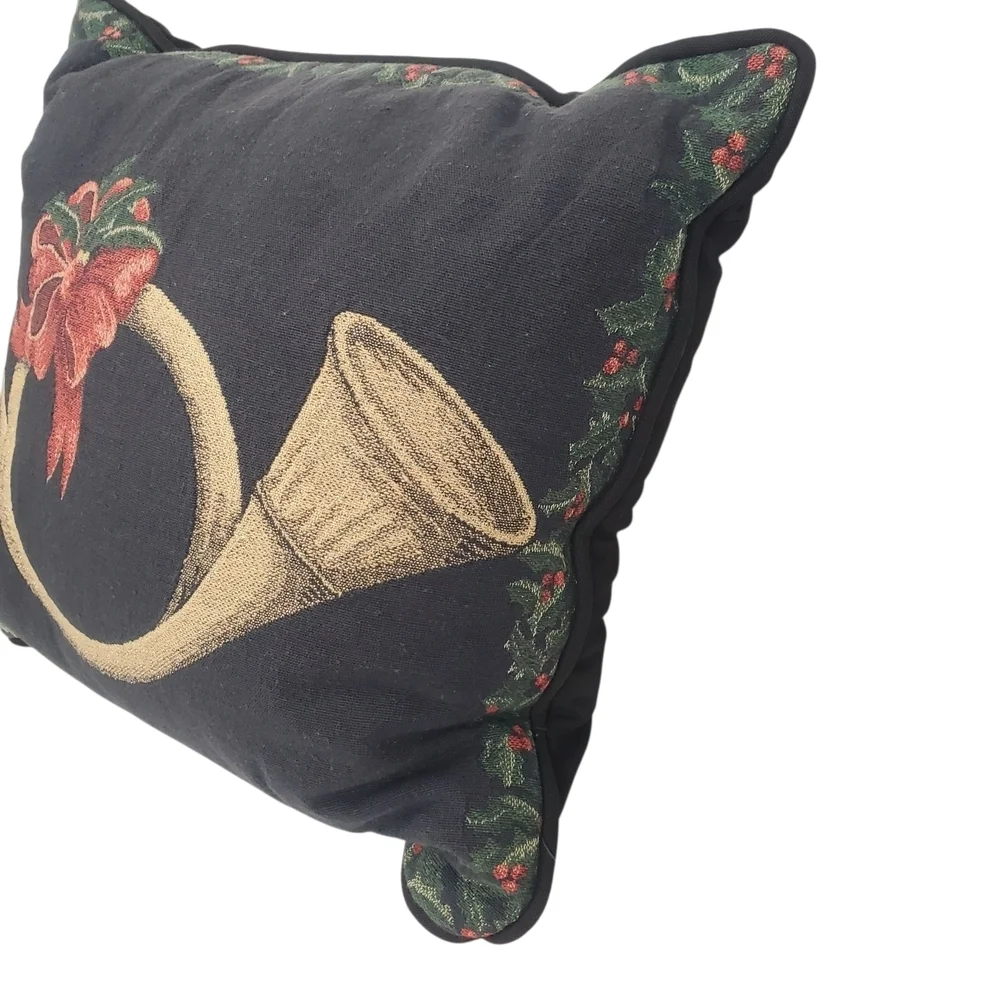 Classic Holiday Pillow. Black With Gold Horn And Red Green Accents. 16